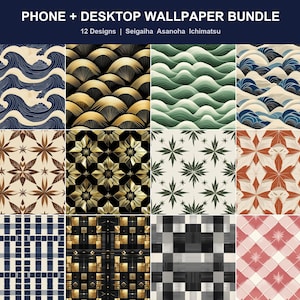 Puede incluir: Un paquete digital de 12 fondos de pantalla para teléfono y escritorio con patrones repetitivos. El texto dice: PHONE + DESKTOP WALLPAPER BUNDLE 12 Designs | Seigaiha Asanoha Ichimatsu. Los diseños incluyen motivos de olas, estrellas y rejillas.