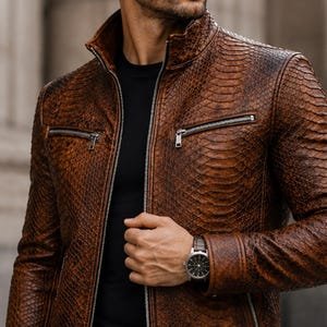 Luxury Python Embossed Sheepskin Printed Leather Biker Jacket for Men | Slim Fit Motorcycle Coat