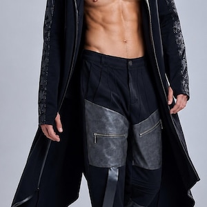 Black Hooded Long Cardigan for Men, Avant Garde Fashion Unique Men's Gothic Clothing, Punk Streetwear, Futuristic Fashion Coat