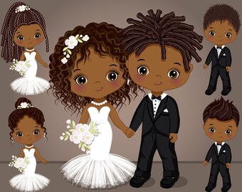 Kid Couple Clipart, Vector Wedding, Boy and Girl, Love, Bride and Groom, Character, African American, Toddler, Dating, Cute Kids Clip Art