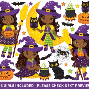 Halloween Witch Clipart - Halloween Clipart, Witch Clipart, African American Clipart, Halloween Girls Clipart, Cute Witch Clipart