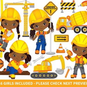 Construction Girls Clipart - Vector Construction Clipart, Girl Clipart, African American Clipart, Kids Clipart, Construction Girl Clip Art