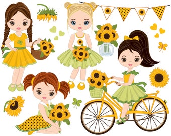 Sunflowers Clipart - Vector Sunflowers Clipart, Girls Clipart, Sunflowers Girl Clipart, Kids Clipart, Sunflower Girls Clip Art