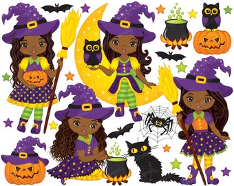 Halloween Witch Clipart - Halloween Clipart, Witch Clipart, African American Clipart, Halloween Girls Clipart, Cute Witch Clipart