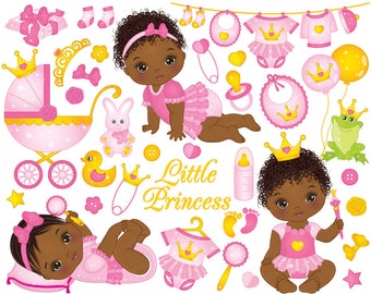 Bébé fille Clipart - princesse Vector Clipart, Clipart bébé, nouveau-né Clipart, Clipart princesse afro-américaine Clipart, clipart de bébé fille