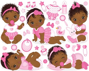 Baby Girl Clipart, Vector Baby Clipart, Afro Baby Clipart, Newborn Clipart, African American Clipart, Black Baby Clipart, Bundle Clip Art