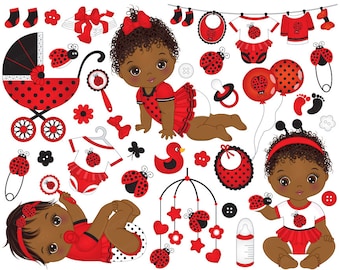 Ladybug Baby Girl Clipart - Vector Baby Clipart, African American Clipart, Ladybird Girl Clipart, Baby Shower Clipart, Baby Girl Clip Art