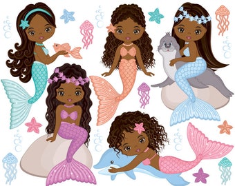 Mermaids Clipart - Vector Mermaids Clipart, Fish Girls Clipart, African American Clipart, Mermaid Clipart, Pastel Clipart, Mermaids Clip Art