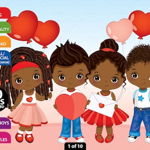 Valentinstag Kinder Clipart, Vektor Love Kinder, Niedliches Afro-Kind, Afro-Amerikanisch, Kleines Mädchen, Junge, Herz, Kleinkind, Schwarze Kinder Clip Art