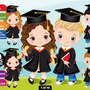 Afstuderen Kid Clipart, Vector Kleuterschool, Studenten, Diploma, Afstuderen Jurk, Pet, Cute Kids PNG, Karakter, Teacher School, Kid Clip Art