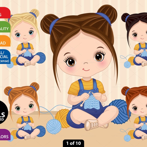 Knitting Girl Clipart, Vector Crafty Girl, Little Girl PNG, Crochet, Character, Children, Caucasian Girl, Cute Girl, Hand Craft Clip Art