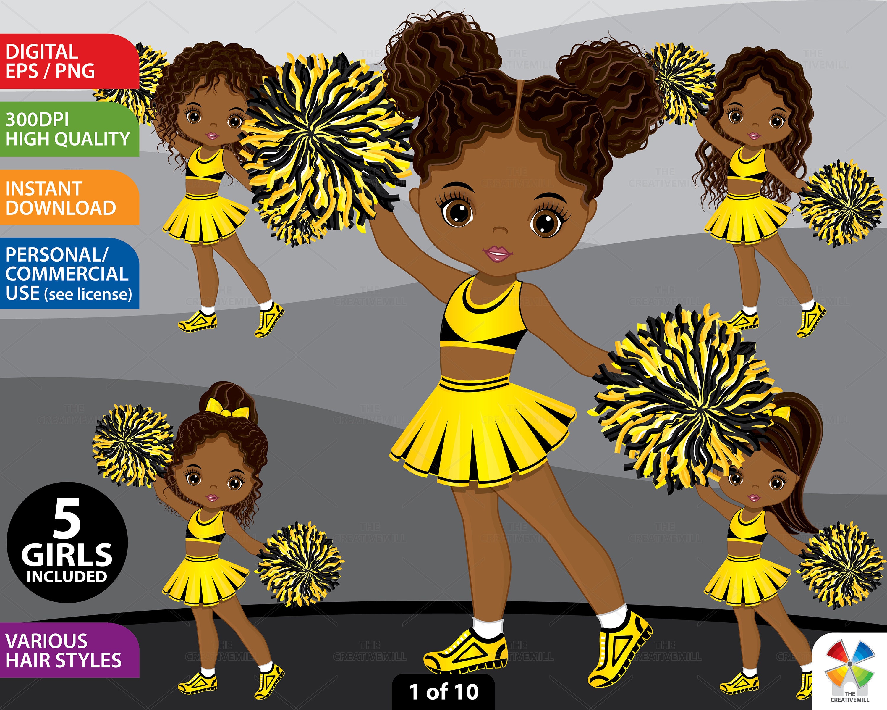 Black Cheerleader Clipart, Vector Pom, Sport, Gold Cheerleader PNG, Afro  Girl, Sublimation, African American, Yellow Cheerleader Clip Art 