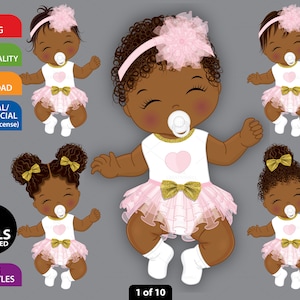 Sleeping Black Baby Clipart, Vector Newborn, Ruffled Diaper Clipart, Toddler, Baby Shower Clipart, Afro Baby PNG, Pink Baby Girl Clip Art