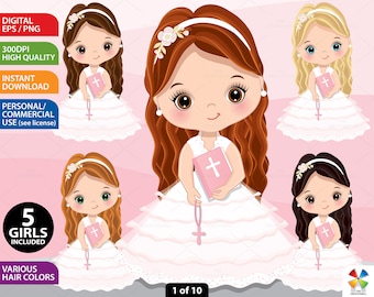 First Communion Clipart - Vector Communion Clipart, Cute Girl Clipart, Little Girl Clipart, Religious Clipart, Pink Girl Christian Clipart