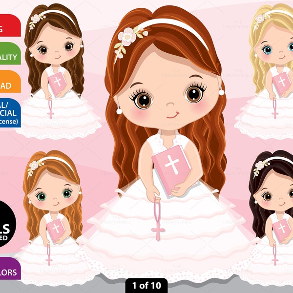 First Communion Clipart - Vector Communion Clipart, Cute Girl Clipart, Little Girl Clipart, Religious Clipart, Pink Girl Christian Clipart