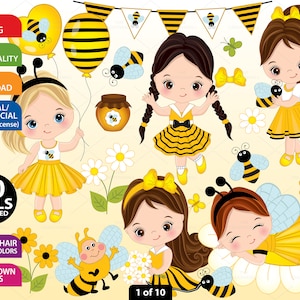 Bee Clipart - Vector Bee Clipart, Girl Clipart, Bee Girls Clipart, Little Girl Clipart, Sticker Clipart, Bee Clipart, Bee Girls Clip Art