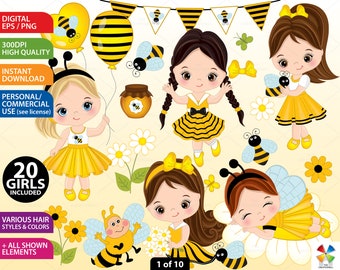 Bee Clipart - Vector Bee Clipart, Girl Clipart, Bee Girls Clipart, Little Girl Clipart, Sticker Clipart, Bee Clipart, Bee Girls Clip Art