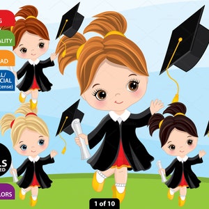 Clipart de Graduación de Niñas - Vector Digital, Clipart de Estudiante, Diploma, Niñas en Vestido de Graduación y Gorras. Clip Art de Graduación para Niños