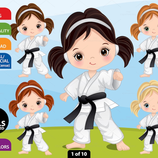 Karate Girl Clipart, Vector Sport Girl, Little Girl PNG, Karate PNG, Character, Children, Caucasian Girl, Black Belt, Karate Kid Clip Art