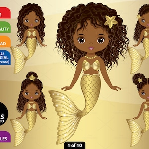Gold Mermaid Clipart, Vector Mermaid, Fish Girl, Black Mermaid, Afro Little Girl, African American, Cute Character, PNG Mermaid Clip Art