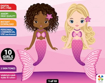 Mermaids Clipart, Vektor Meerjungfrau, FischMädchen, Afroamerikanisch, Pink & Lila, Kaukasisch, Charakter, Süßes Mädchen PNG. Unterwasser Mädchen Clip Art