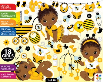 Bee Baby Girl Clipart - Vector Baby Clipart, Black Baby Clipart, BumbleBee Girl Clipart, Baby Shower Clipart, African American Baby Clip Art