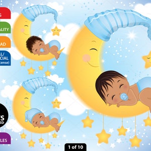 Sleeping Baby Clipart, Vector Newborn, Blue Baby, Ethnic Baby Shower, Baby on Moon, Hispanic Baby PNG, Latino Sleeping Baby Boy Clip Art