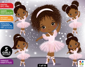 Pink Ballerina Clipart, Vector Ballerina, Ballet, Afro Puffs, Bun, Pink Tutu, PNG, Cute, Toddler, Princess, Black Ballerina Girl Clip Art