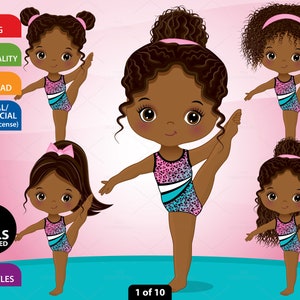 Gymnastique Fille Clipart, Vector Gymnaste, Mignon Fille, Sport Kid, Afro-Américain, Gymnastique PNG, Activité, Enfant Tout-petit Enfant, Clip Art Enfant