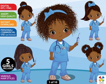 Girl Nurse Clipart, Vector Medical Doll, Character, Health, Hospital, Afro Girl, Doctor, Medicine, African American, Female Nurse Clip Art