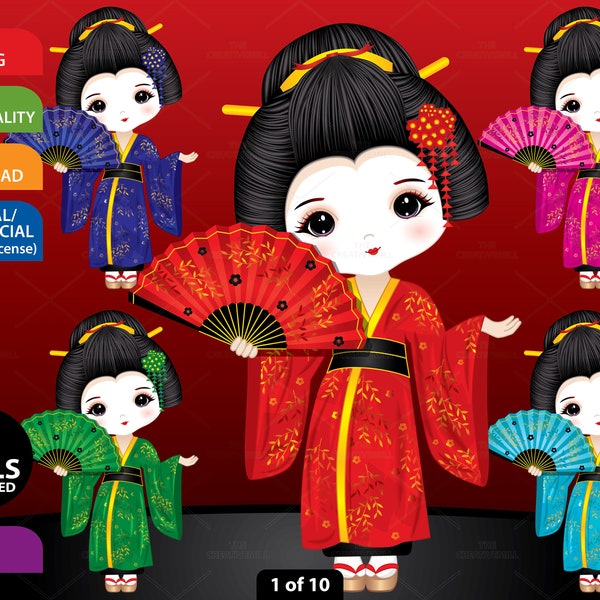 Geisha Clipart, Vector Kokeshi Girl, Japanese Girl, Asian Character, Doll PNG, Child, Japan, Illustration, Kawaii Girl, Kimono Clip Art