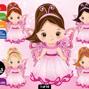 Butterfly Girl Clipart, Vector Princess, Queen, Pink Dress, Blond Girl PNG, Cute, Toddler, Illustration, Character, Butterfly Wings Clip Art
