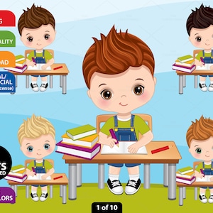 Schuljunge Clipart, Vektor Schulkind, Kaukasisches Kind, Schüler Grafik, Niedlicher Junge sitzt am Schreibtisch, PNG Schüler, Charakter Clip Art