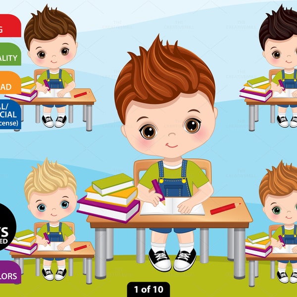 School Boy Clipart, Vector School Kid, Caucasian Kid, Study, Student Graphics, Cute Boy Sitting at Desk, PNG Pupil, Character Clip Art