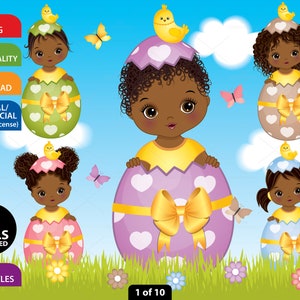 Ostern Baby Clipart, Vektor Neugeborene, Frühling, Schwarzes Baby Mädchen, My 1st Easter, Afro Baby in Egg, African American PNG, Baby Shower ClipArt