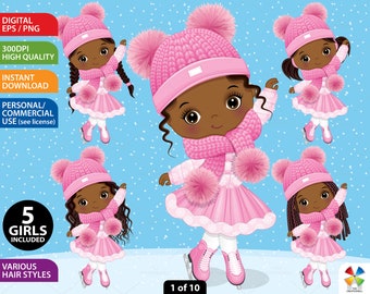 Ice Skating Afro Girl Clipart, Vector Black Girl, Doll, Character, Christmas, Winter Child, Toddler PNG, African American, Cool Kid Clip Art