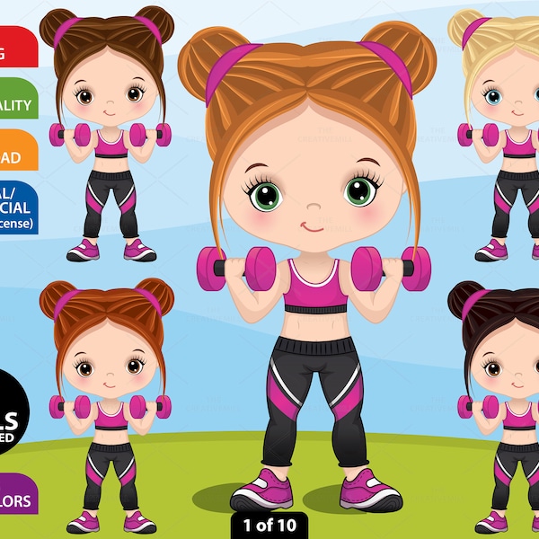 Fitness Girl Clipart, Vector Sport Girl, Little Girl PNG, Sublimation, Character, Girl in Gym, Gymnastic, Illustration, Workout Clip Art