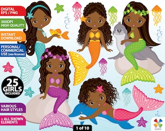 Mermaids Clipart - Vector Mermaids Clipart, Fish Girls Clipart, African American Clipart, Mermaid Clipart, Mermaids Clip Art