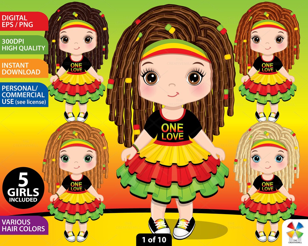 Reggae Girl Clipart, Vector Rasta Clipart, Caucasian Gir, Girl With ...