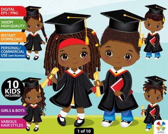 Graduation Kid Clipart, Vector Preschool, Student Cap, Diploma, African American, Black Cute Kids PNG, Character, School, Afro Kid Clip Art