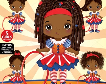 Circus Girl Clipart, Vector Carnival Girl, Little Clown, African American PNG, Afro Girl, Sublimation, Character, Ringmaster Clip Art
