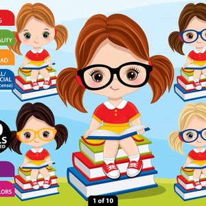 Girl Reading Clipart, Vector School Kid, Study, Student, Girl Reading Book, Character, Pile of Books, PNG Pupil, Girl in Glasses Clip Art