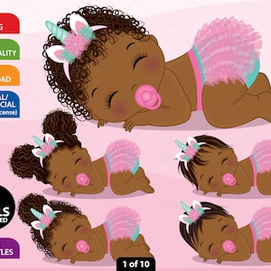 Unicorn Baby Girl Clipart - Vector Newborn, Pink Turquoise Baby Clipart, Baby Shower Clipart, African American, PNG Sleeping Baby Clip Art