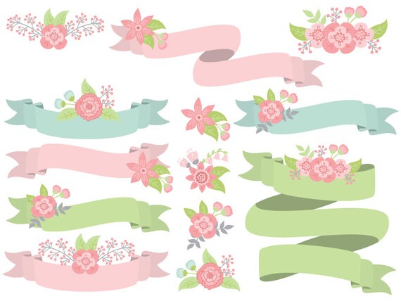 Download Items similar to Floral Ribbons Clipart - Digital Vector Flowers, Wedding, Ribbons, Banners Clip ...