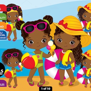 Afro Girl Beach Clipart, Vector Summer Girl, Cute Little Girl, Doll, Pool Party PNG, Holiday, Swimming, Black Kid, African American Clip Art