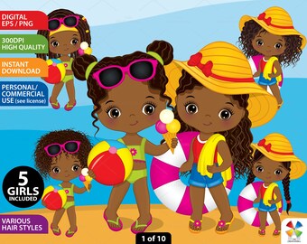 Afro Girl Beach Clipart, Vector Summer Girl, Cute Little Girl, Doll, Pool Party PNG, Holiday, Swimming, Black Kid, African American Clip Art