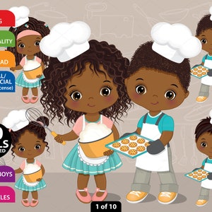 Little Chef Clipart, Vector Baking Kid, Menina, Menino, Africano, Cozinhando, Cute Kid PNG, Boneca, Afro, Criança, Criança Negra, Personagem Clipart