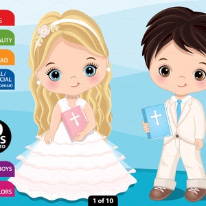 Kommunion Clipart, Vektor Bibel Clipart, Junge Mädchen Kommunion, Rosa Blau, Religiöse Clipart, PNG, Sublimation, Kid Christian Clipart