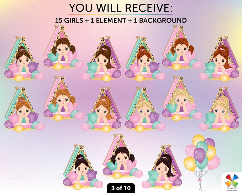 Slumber Party Clipart Vector Teepee Sleepover Pastel Hair - Etsy