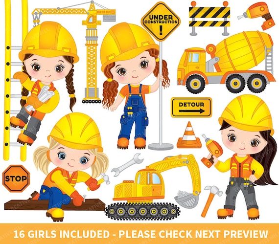 Construction Girls Clipart Vector Construction Clipart Girl Etsy